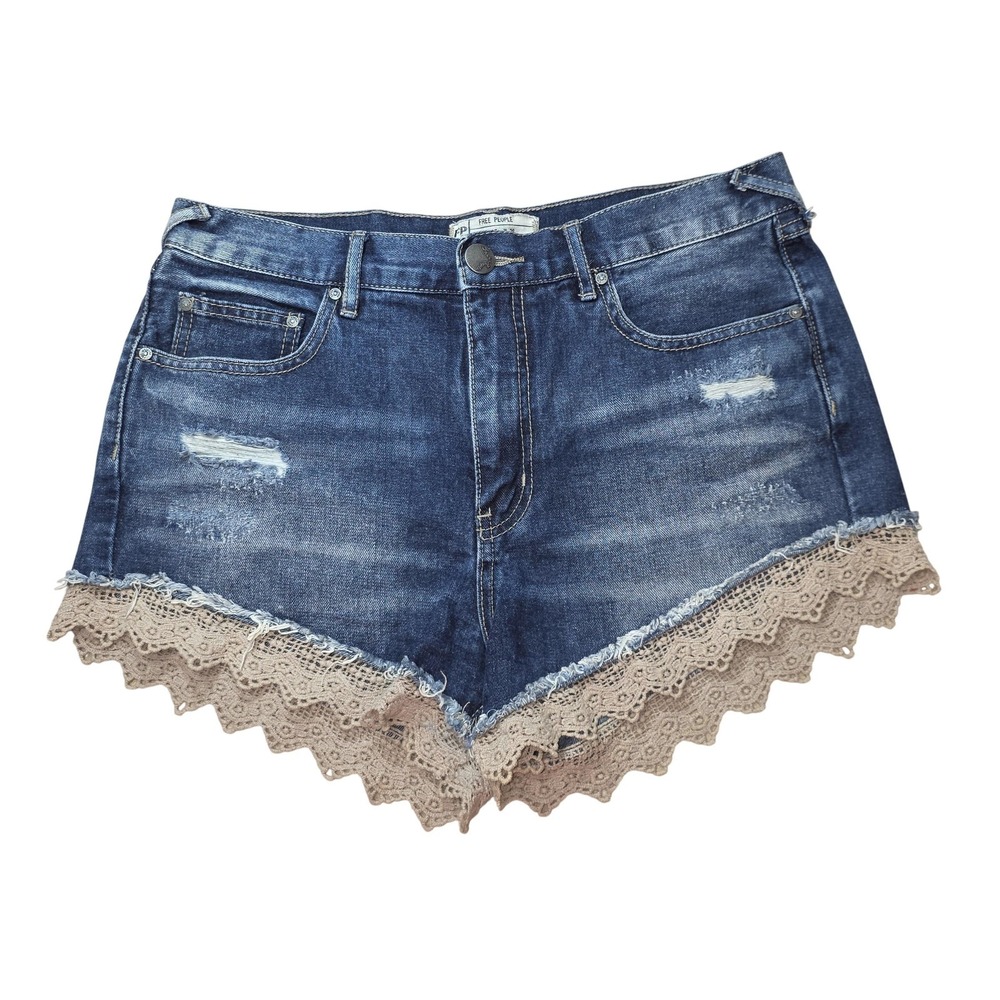 Free People Shorts Women W 28 Blue Denim Lace Trim Cut Off Boho Cottagecore
